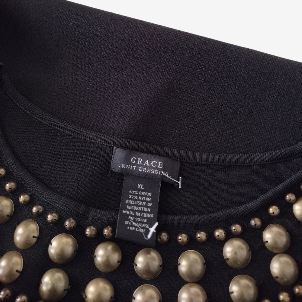 Grace Black Boat Neck Long Sleeved Beaded Fitted Stretch Knit Mini Dress - Picture 10 of 11